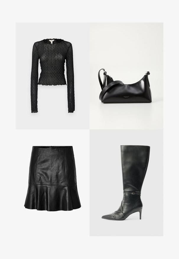 Sort langærmet top lavet af tekstureret blonde, med en bølget udskæring og tætsiddende design med en cropped silhuet.; Sort læder mini nederdel med flagrende kant og synlige sømdetaljer, featuring en lynlås lukning bagpå.; Sorte knæhøje støvler i læder med en slank hæl, spids tå og remdetaljer ved anklen. Glat tekstur og tætsiddende design.; Sort læderhåndtaske med en glat tekstur. Har en justerbar stropp og et enkelt, minimalistisk design med lynlås.