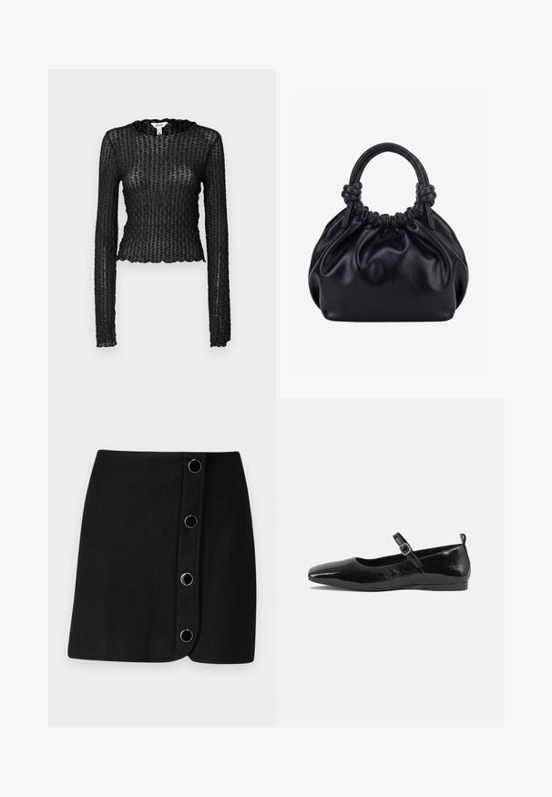 Sort langærmet top lavet af tekstureret blonde, med en bølget udskæring og tætsiddende design med en cropped silhuet.; Sort mini nederdel med en omslag design, der har fem sølvrunde knapper langs fronten og en glat, mat tekstur.; Sorte patentlæder flade sko med spidse tæer, en ankelrem med spænde og en glat, blank tekstur. Lav hæl for komfort.; Sort blød læderhåndtaske med samlet top og to tykke håndtag bundet i knuder mod en ensfarvet lys baggrund.