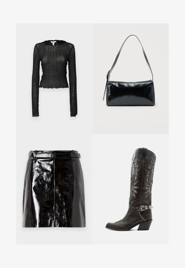 Top negro de manga larga hecho de encaje texturizado, con un escote con punta y un diseño ajustado con un corte cropped.; Mini falda de cuero negro brillante con un cinturón a juego y detalles de costura central.; Bota cowboy de cuero negro con recortes decorativos, hebilla plateada y tacón inclinado, presentada sobre fondo blanco.; Bolso de hombro rectangular negro con una correa ajustable y un cierre de cremallera superior sobre un fondo liso.