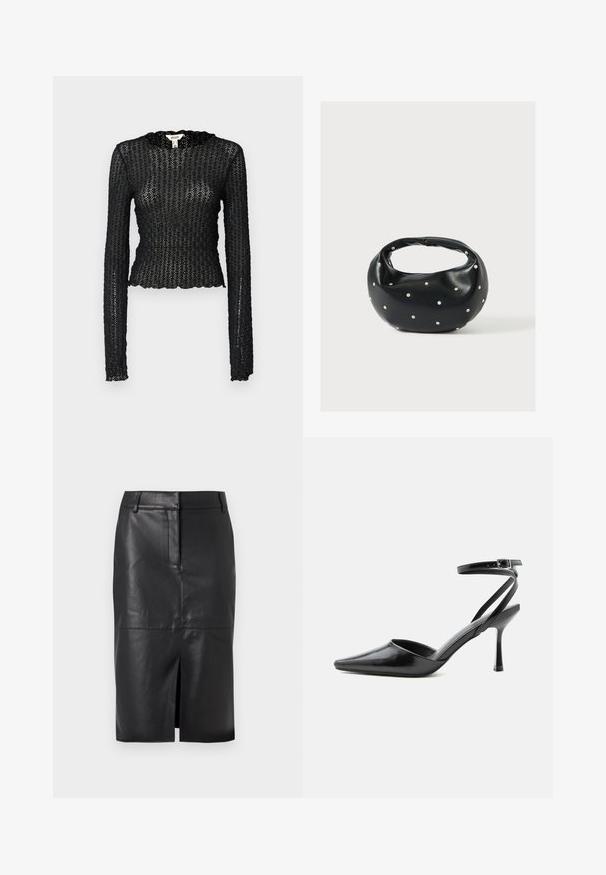 Sort langærmet top lavet af tekstureret blonde, med en bølget udskæring og tætsiddende design med en cropped silhuet.; Sort læder blyantskørter med en forslidser, der har en glat tekstur, to sidelommer og en tætsiddende silhuet.; Sort spids højhælet sko med tynde ankelremme og sølvspænde på en ensfarvet lys baggrund.; Sort læderhåndtaske med en rundet form, dekoreret med sølvnitter, og et kort håndtag. Glat tekstur og lynlåslukning.