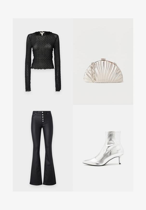 Sort langærmet top lavet af tekstureret blonde, med en bølget udskæring og tætsiddende design med en cropped silhuet.; Sorte flagrende bukser lavet af glat, strækbart materiale med høj talje og fem metalliske knapper foran. Har to sidelommer.; Sølvmetallic ankelstøvle med spids tå og slank hæl. Har en tætsiddende pasform og en glat, skinnende overflade. Sømaccenter på toppen.; Metallisk sølv clutch-taske formet som en muslingeskal med en sølvkæde hængende på siden.