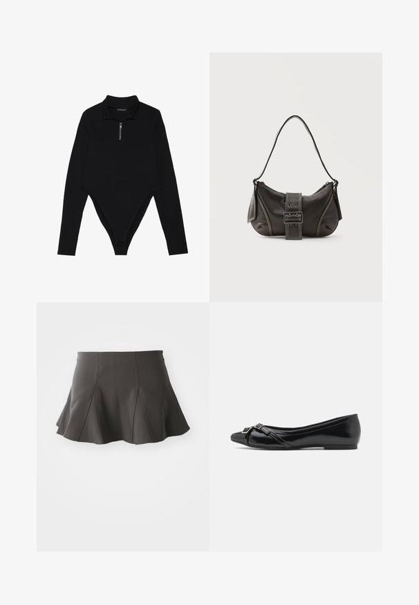 Bodysuit noir à manches longues avec un col haut, une demi-fermeture éclair et une coupe moulante avec un dos en thong. Texture de tissu lisse.; Jupe noire évasée avec une taille ajustée, présentant des coutures verticales et une texture lisse. L'ourlet est légèrement incurvé et se situe au-dessus de mi-cuisse.; Ballerines en cuir verni noir avec un bout pointu, dotées de lanières croisées et d'un petit détail de boucle en argent à l'avant.; Sac à épaule en cuir noir avec une sangle à boucle, des bords arrondis et des coutures blanches contrastées sur un fond uni.