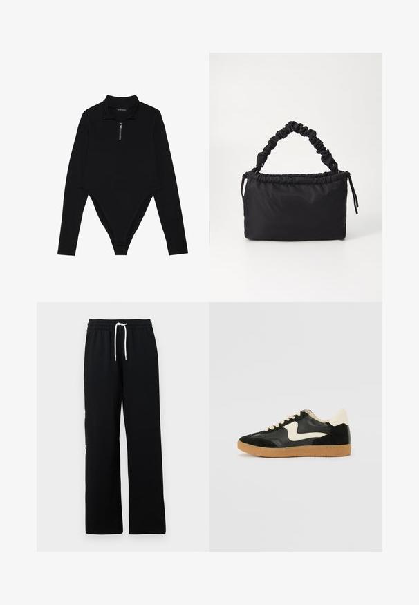 Bodysuit noir à manches longues avec un col haut, une demi-fermeture éclair et une coupe moulante avec un dos en thong. Texture de tissu lisse.; Pantalon de survêtement noir en coton doux, doté d'une ceinture élastique avec un cordon blanc et une coupe ample. Aucun motif ou accent notable.; Baskets en daim et cuir noir avec un swoosh latéral crème et un talon crème clair. Dotées de lacets beige et d'une semelle en caoutchouc gomme.; Sac noir en tissu doux et lisse. Présente une anse froncée et un système de fermeture à cordon, avec une forme rectangulaire et aucun matériel visible.