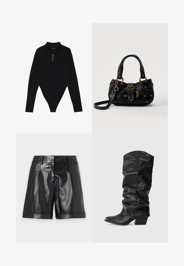 Bodysuit noir à manches longues avec un col haut, une demi-fermeture éclair et une coupe moulante avec un dos en thong. Texture de tissu lisse.; Shorts en cuir noir avec une finition brillante, des plis avant et un ourlet roulé. Design épuré avec une taille ajustée et un matériel minimal.; Bottes noires en cuir, montantes jusqu'au genou, avec un design plissé, un bout pointu et un talon épais, présentant une texture lisse et des coutures minimales.; Sac à main en cuir noir avec boucle dorée et détails à rivets, poignées courtes et bandoulière réglable sur fond blanc uni.