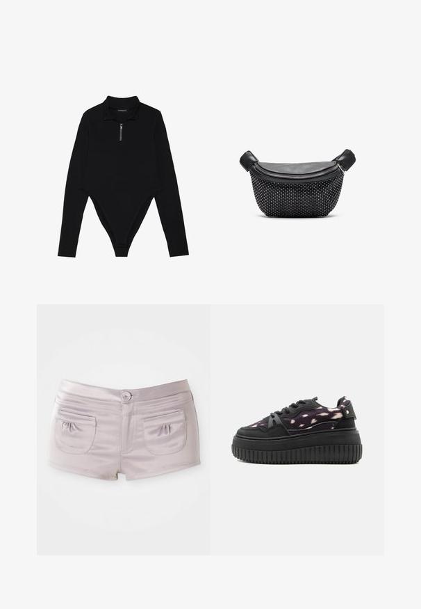 Bodysuit noir à manches longues avec un col haut, une demi-fermeture éclair et une coupe moulante avec un dos en thong. Texture de tissu lisse.; Shorts violet clair en tissu lisse et brillant, avec deux poches à l'arrière et une fermeture à bouton à l'avant avec une taille plate.; Baskets compensées noires avec semelle épaisse striée, lacets noirs et dessus en tissu violet foncé à pois, vue de profil sur fond blanc.; Sac à main noir avec un dessus en cuir lisse et une base texturée couverte de clous argentés, avec une fermeture à glissière et des poignées doubles.