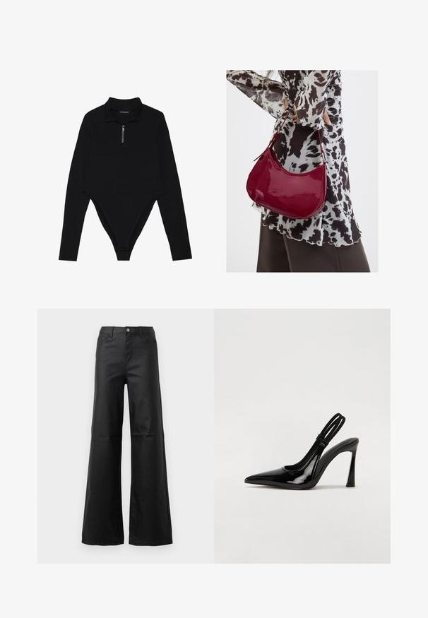 Bodysuit noir à manches longues avec un col haut, une demi-fermeture éclair et une coupe moulante avec un dos en thong. Texture de tissu lisse.; Jean noir à jambe large en denim lisse, avec une fermeture à bouton, des poches avant et une taille haute.; Escarpin en cuir verni noir à talon aiguille, à bout pointu, avec une sangle élastique double pour un maintien sécurisé. Surface lisse et brillante.; Femme portant un chemisier à motif noir et blanc tenant un sac à main rouge brillant sur un fond uni.
