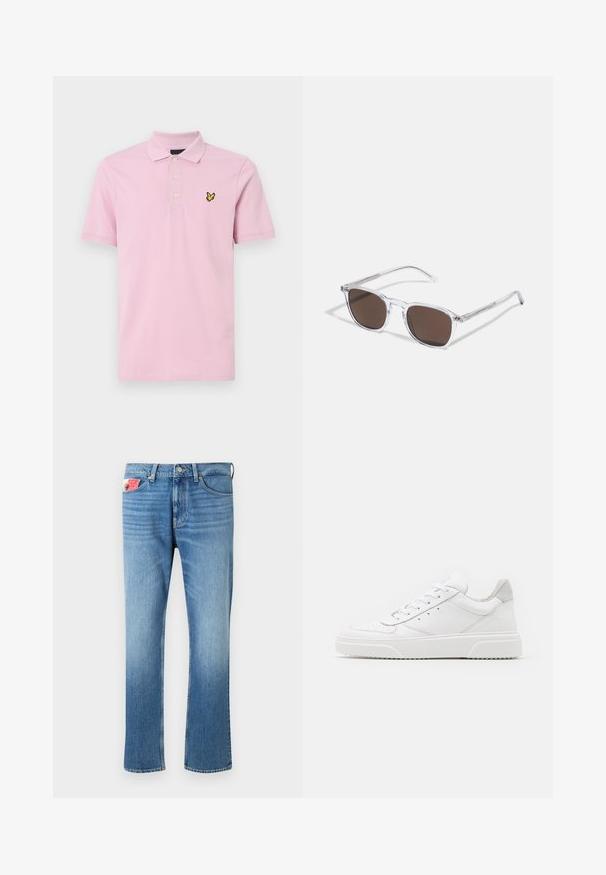 Lyserød polo t-shirt lavet af bomuld, med en klassisk krave, tre knapper og et gult broderet logo på venstre bryst.; Fadede blå denim jeans med lige pasform, der har knaplukning, fem lommer og et mærke på forlommen.; Hvide lædersneakers med en glat finish, rund tå, flade snørebånd og en struktureret sål. Grå ruskindsdetalje ved hælen.; Klare plastik solbriller med rektangulære brune linser, med tynde, transparente stænger og metal accenter på templerne.