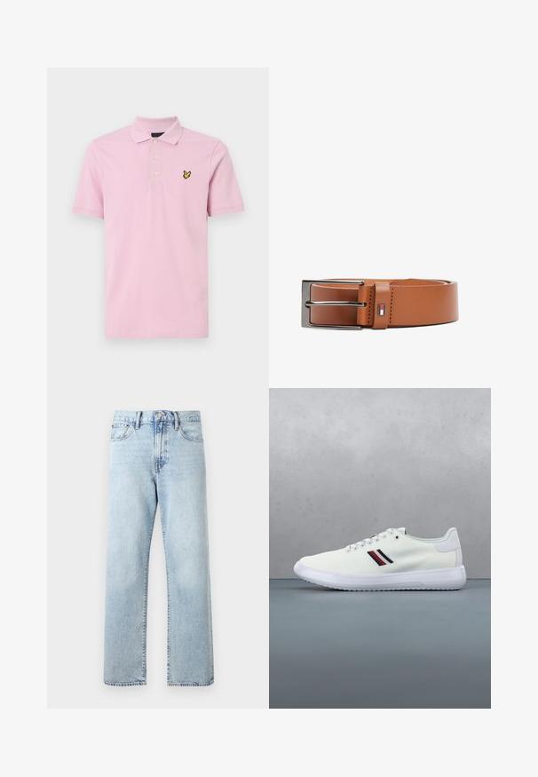 Lyserød polo t-shirt lavet af bomuld, med en klassisk krave, tre knapper og et gult broderet logo på venstre bryst.; Lyseblå jeans med høj talje og lige ben, med forlommer, knaplukning og bæltestropper på en ensfarvet baggrund.; Hvid sneakers med røde og marineblå striber svævende over træfliser udendørs nær et træ og stenet underlag.; Brun læderbælte med en glat tekstur, sølvmetal spænde og en lille logoskabelon i rød, hvid og blå nær spændet.