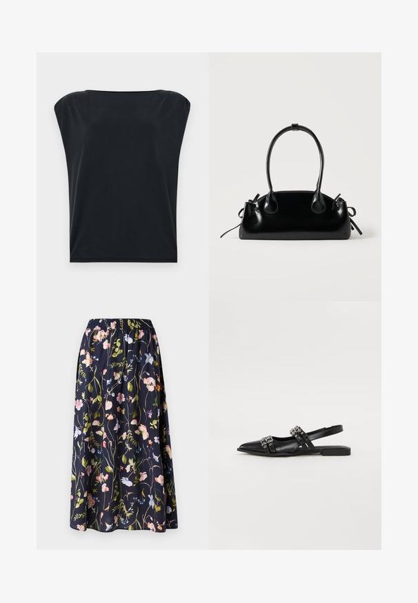 Camiseta negra de manga corta con corte relajado, que presenta una tela suave y lisa y un escote redondo amplio. Diseño simple y minimalista.; Falda floral en azul marino con una cinturilla elástica, que presenta un estampado de flores rosas, azules y verdes sobre un tejido texturizado.; Even&Odd by Zalando Bailarinas con tira trasera - black; Pequeño bolso negro brillante con dos asas largas y detalles de cordón lateral sobre un fondo claro liso.