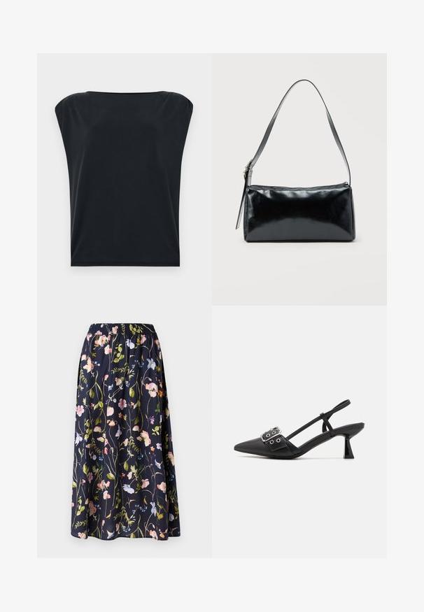 Sort kortærmet top med en afslappet pasform, der har blød og glat stof samt en bred rund halsudskæring. Enkel, minimalistisk design.; Marineblomstret nederdel med elastisk talje, der har et print af lyserøde, blå og grønne blomster på et struktureret stof.; Simmi London DALA - Pumps - black; Sort rektangulær skuldertaske med en enkelt justerbar rem og lynlås i toppen på en ensfarvet baggrund.