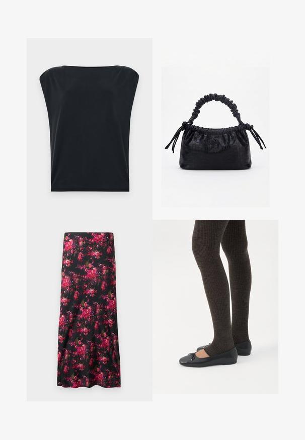 Sort kortærmet top med en afslappet pasform, der har blød og glat stof samt en bred rund halsudskæring. Enkel, minimalistisk design.; Blomstermidi-nederdel i sort med et livligt mønster af pink og røde blomster. Glat stof, A-formet silhuet med en bred kant.; Ben iført mørke ribbede leggings kombineret med sorte balletsko med små sløjfedetaljer på hvid baggrund.; Sort taske med krokodilletekstur, rynket øverste kant, samlet hank og snore med kvaster på hver side mod en hvid baggrund.