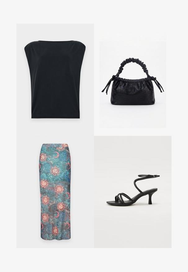 Camiseta negra de manga corta con corte relajado, que presenta una tela suave y lisa y un escote redondo amplio. Diseño simple y minimalista.; Falda larga y ajustada con un estampado multicolor de soles, lunas y patrones ornamentales sobre un fondo texturizado en color teal.; Even&Odd Wide Fit by Zalando Sandalias - black; Bolso negro con textura de cocodrilo, borde superior fruncido, asa recogida y cordones con borlas en cada lado sobre un fondo blanco.