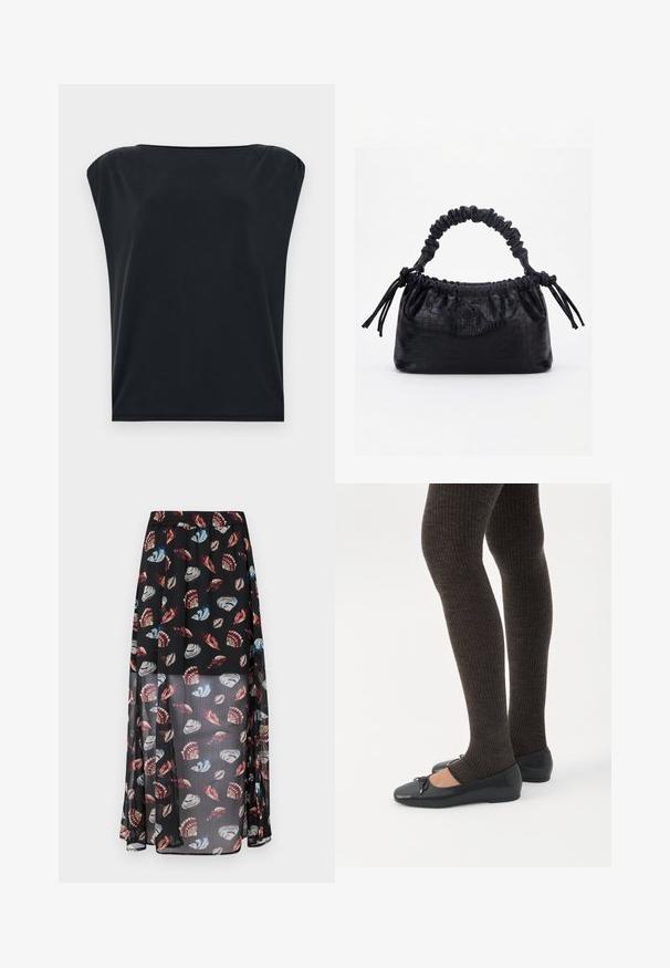 Camiseta negra de manga corta con corte relajado, que presenta una tela suave y lisa y un escote redondo amplio. Diseño simple y minimalista.; Falda maxi negra y semitranslúcida con cintura elástica, que presenta un estampado de conchas y mariposas multicolores. Tejido ligero y fluido.; Piernas con leggings oscuros acanalados combinados con bailarinas negras que presentan pequeños detalles de lazo sobre un fondo blanco.; Bolso negro con textura de cocodrilo, borde superior fruncido, asa recogida y cordones con borlas en cada lado sobre un fondo blanco.
