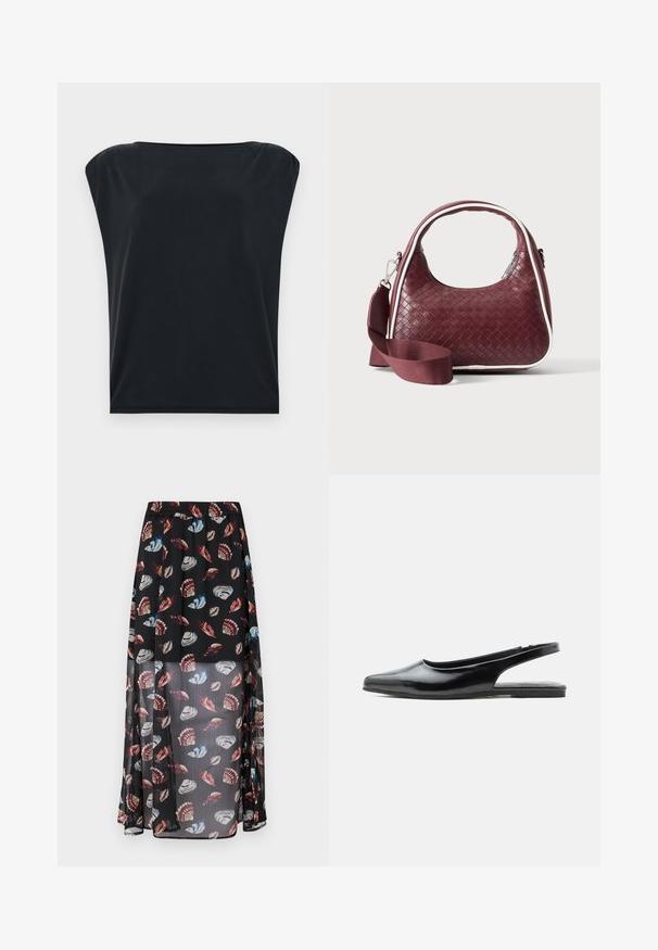 Camiseta negra de manga corta con corte relajado, que presenta una tela suave y lisa y un escote redondo amplio. Diseño simple y minimalista.; Falda maxi negra y semitranslúcida con cintura elástica, que presenta un estampado de conchas y mariposas multicolores. Tejido ligero y fluido.; Zapato plano slingback de charol negro con punta afilada y tacón bajo sobre fondo blanco.; Bolso de mano de cuero tejido color granate con asa curva, ribete blanco, cremallera plateada y correa desmontable de tela ancha para el hombro sobre fondo liso.