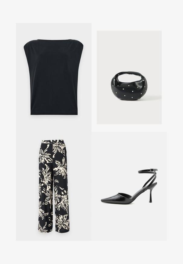 Camiseta negra de manga corta con corte relajado, que presenta una tela suave y lisa y un escote redondo amplio. Diseño simple y minimalista.; Pantalones de pierna ancha en tela negra con un gran patrón floral en color crema. El diseño incluye una cintura alta y una silueta fluida.; Zapato de tacón alto negro de punta fina con delgadas correas en el tobillo y cierre de hebilla plateada sobre un fondo liso claro.; Bolso de mano de cuero negro con forma redondeada, decorado con detalles de tachuelas plateadas y un asa corta. Textura lisa y cierre con cremallera.