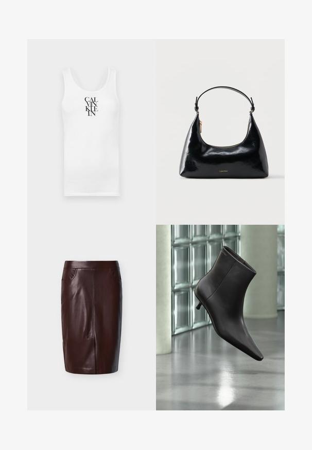 Débardeur blanc à col rond, en coton. Présente un texte vertical noir "CALVINKLEIN" dans une police serif en gras.; Jupe crayon en cuir marron à texture lisse, avec deux poches latérales et des détails de couture à l'avant, conçue pour une coupe ajustée.; Bottine en cuir noir avec bout pointu et petit talon, présentée devant un mur en blocs de verre et un sol poli.; Sac à main Calvin Klein noir brillant avec fermeture éclair dorée et anse courte sur fond blanc uni.
