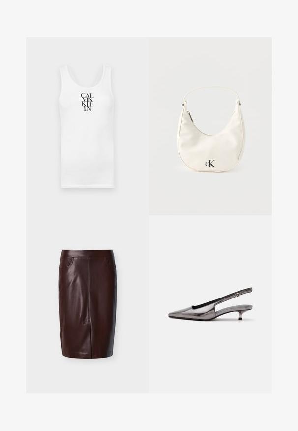 Hvid tanktop med rund udskæring, lavet af bomuld. Har vertikal sort tekst "CALVINKLEIN" i en fed serif skrifttype.; Brun læderblyantskørt med glat tekstur, med to sidelommer og syninger foran, designet til en tætsiddende pasform.; Metalgrå spids slingback-sko med lav kittenhæle og justerbar rem på hvid baggrund.; Lille hvid halvmåneformet håndtaske med kort rem, lynlås og sort "cK"-logo foran.