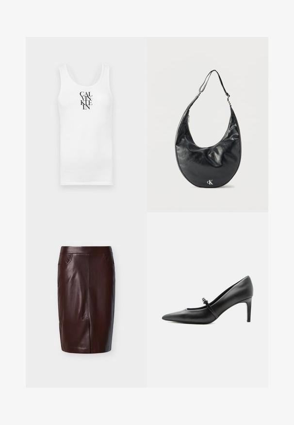 Hvid tanktop med rund udskæring, lavet af bomuld. Har vertikal sort tekst "CALVINKLEIN" i en fed serif skrifttype.; Brun læderblyantskørt med glat tekstur, med to sidelommer og syninger foran, designet til en tætsiddende pasform.; Sort læderspids højhælede sko med tynd rem og spænde over vristen, stående på en neutral lys baggrund.; Sort læder skuldertaske i halvmåneform med justerbar rem og sølvfarvet "cK"-logo foran, mod hvid baggrund.