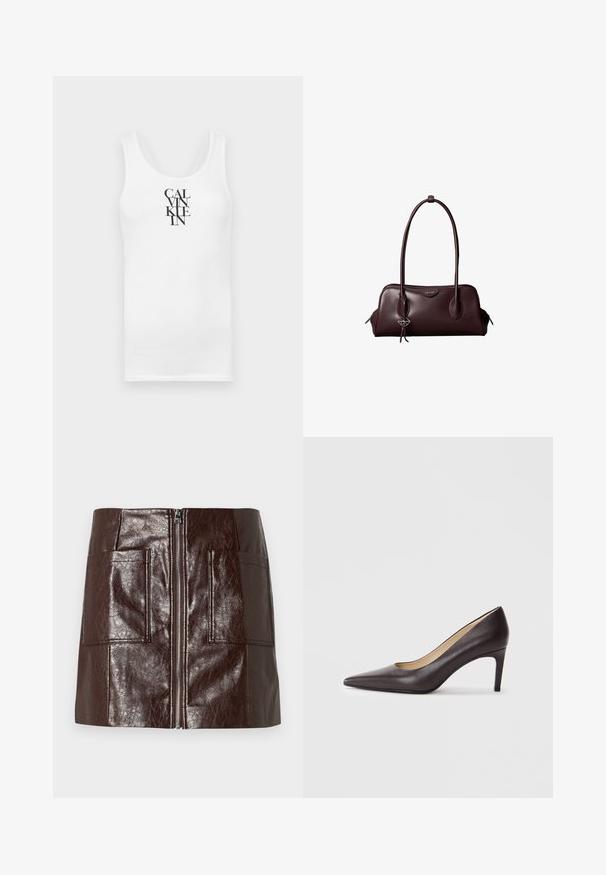 Hvid tanktop med rund udskæring, lavet af bomuld. Har vertikal sort tekst "CALVINKLEIN" i en fed serif skrifttype.; Brun faux læder mini-skjørt med en frontlynlås, to store forlommer og en glat, blank overflade.; Brun læderhøjhælet sko med spids snude og en slank hæl på 7 cm, glat tekstur og minimalistisk design. Ingen synlige pynt.; Mørkebrun lædertaske fra Calvin Klein med lange dobbelte håndtag og en lille logohængende ved det ene håndtag.
