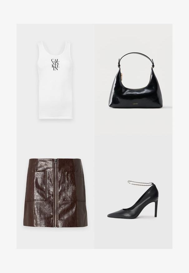 Hvid tanktop med rund udskæring, lavet af bomuld. Har vertikal sort tekst "CALVINKLEIN" i en fed serif skrifttype.; Brun faux læder mini-skjørt med en frontlynlås, to store forlommer og en glat, blank overflade.; Sorte læder højhælede pumps med spids tå, der har en tynd sølvkæde ankelrem og en slank, glat tekstur.; Sort blank Calvin Klein håndtaske med gyldent lynlås og kort rem mod en ensfarvet hvid baggrund.
