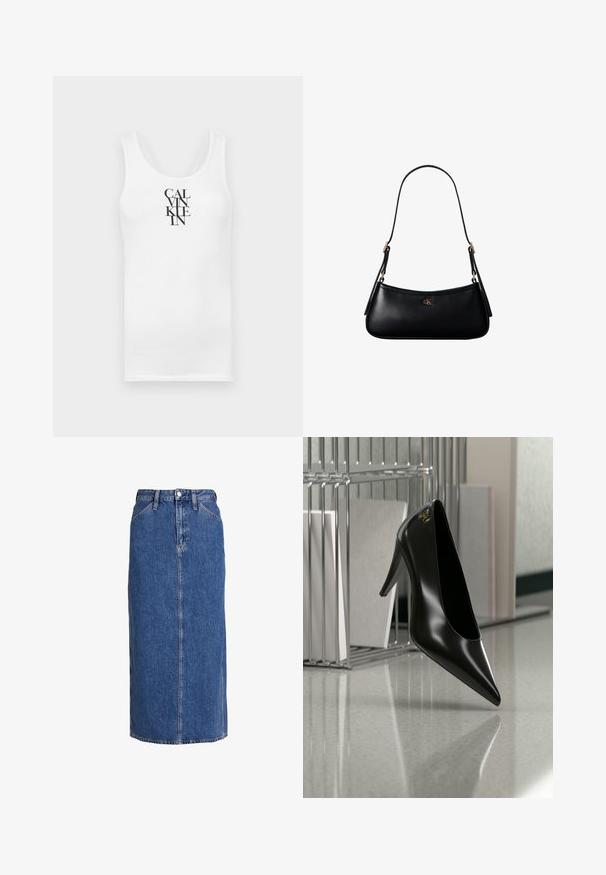 Hvid tanktop med rund udskæring, lavet af bomuld. Har vertikal sort tekst "CALVINKLEIN" i en fed serif skrifttype.; Denim midi nederdel i mellemblå med lige snit, forkant knaplukning, to sidelommer og synlige sømme for struktur.; Sort højhælet sko med spids tå og guldlogo, placeret på en reflekterende overflade nær en krom trådfilholder med dokumenter.; Sort læder mini skuldertaske med tynd rem og lille gyldent CK-logo på fronten i midten.