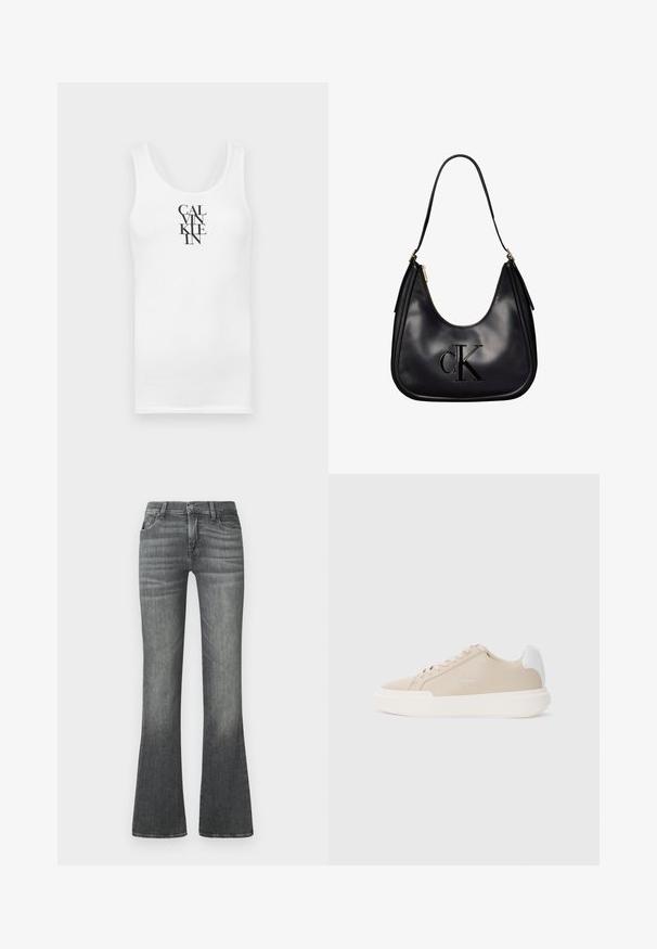 Hvid tanktop med rund udskæring, lavet af bomuld. Har vertikal sort tekst "CALVINKLEIN" i en fed serif skrifttype.; Grå flagrende jeans lavet af denim med en mellemhøj talje, subtilt slid og klassisk fem-lommers design.; Beige lædersneakers med hvid bagakcent, flad hvid sål og tonede syninger med logo detalje på siden.; Sort skuldertaske i læder med gulddetaljer, med et fremhævet "cK"-logo foran og en enkelt rem til at bære den.