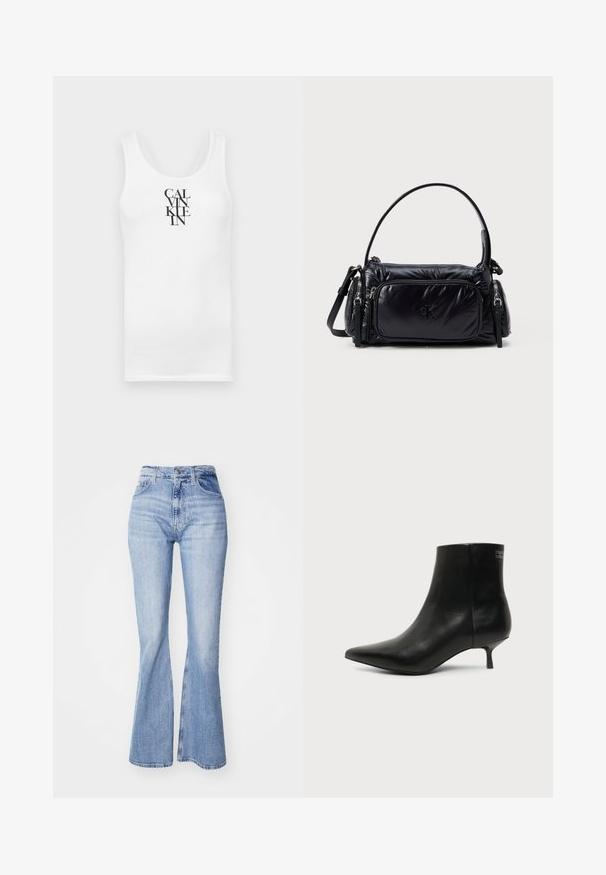 Débardeur blanc à col rond, en coton. Présente un texte vertical noir "CALVINKLEIN" dans une police serif en gras.; Jean flare bleu clair en denim, avec taille haute, design à cinq poches et légères décolorations le long des jambes.; Bottine en cuir noir avec bout pointu et petit talon kitten sur fond clair, vue côté extérieur.; Sac à main en nylon noir au design moelleux, avec une bandoulière arrondie, une poche zippée à l'avant et un logo subtil embossé sur le devant.
