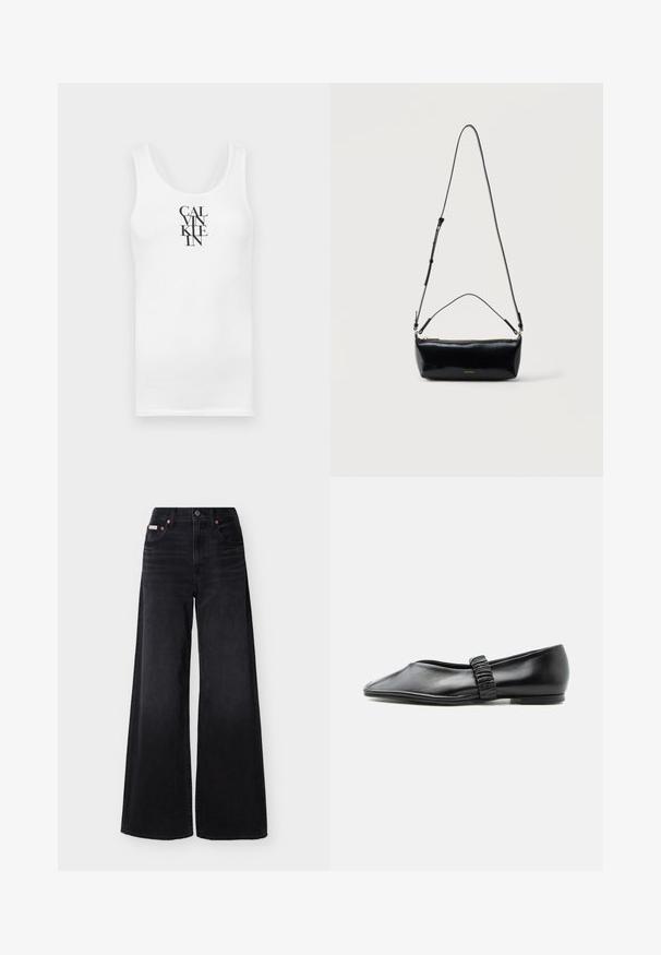 Hvid tanktop med rund udskæring, lavet af bomuld. Har vertikal sort tekst "CALVINKLEIN" i en fed serif skrifttype.; Sorte jeans med vide ben, høj talje, forreste knap og lynlås, bæltestropper og femlommedesign.; Sort læder flad sko med en rynket rem over toppen og en let spids tå, vist mod en ensfarvet baggrund.; Sort rektangulær læder crossbody-taske med justerbar skulderrem, top lynlås og lille gyldent Calvin Klein-logo foran.