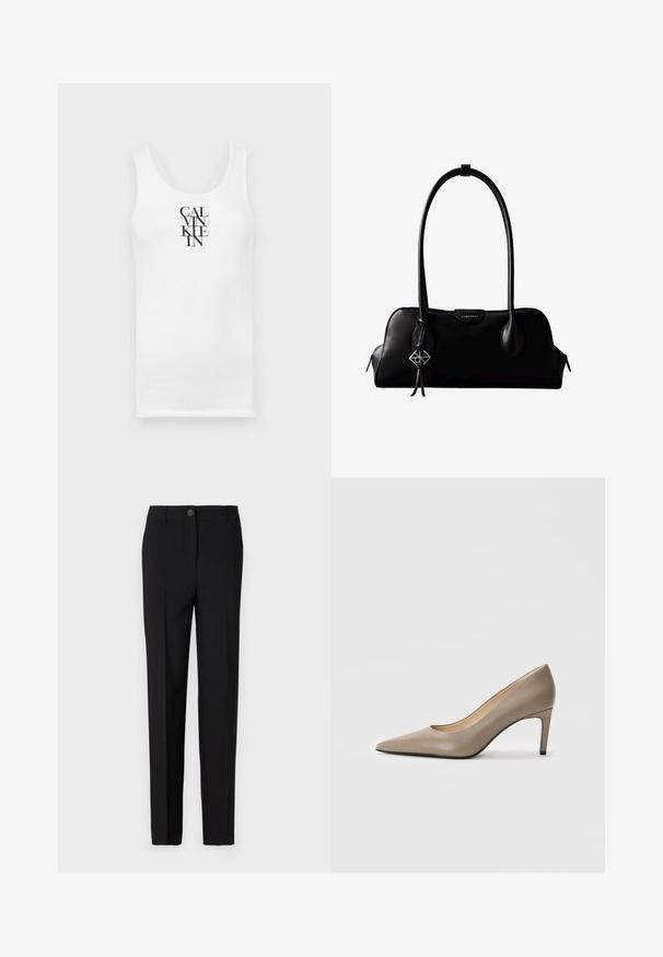 Hvid tanktop med rund udskæring, lavet af bomuld. Har vertikal sort tekst "CALVINKLEIN" i en fed serif skrifttype.; Sorte skræddersyede bukser med lige ben-design, der har en knaplukning og bæltestropper, lavet af glat stof.; Beige læder højhælede sko med spids tå og en slank 7 cm hæl. Glat overflade og minimalisk design uden synlige udsmykninger.; Sort lædertaske fra Calvin Klein med lang skulderrem, lynlåse på siderne og en dekorativ vedhæng, der hænger fra den ene rem.