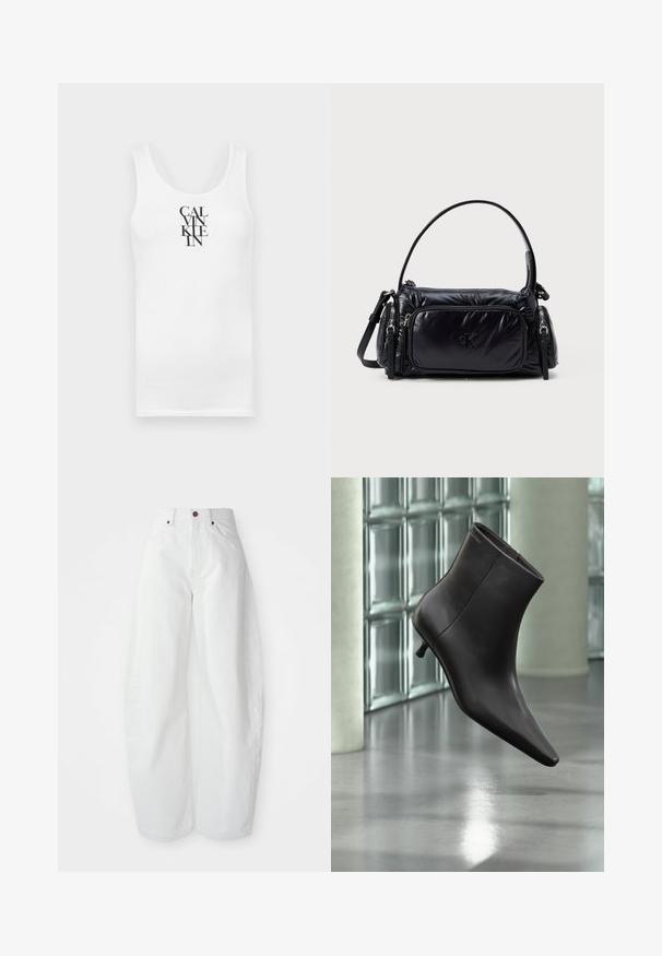 Hvid tanktop med rund udskæring, lavet af bomuld. Har vertikal sort tekst "CALVINKLEIN" i en fed serif skrifttype.; Højtaljede hvide denimbukser med løs pasform. Har en knaplukning, sidelommer og et minimalistisk design. Glat tekstur.; Sort læderankelstøvle med spids tå og lille hæl vist mod en væg af glasblokke og poleret gulv baggrund.; Sort nylon håndtaske med et puffet design, rund skulderrem, frontlomme med lynlås og et subtilt logo prentet på forsiden.