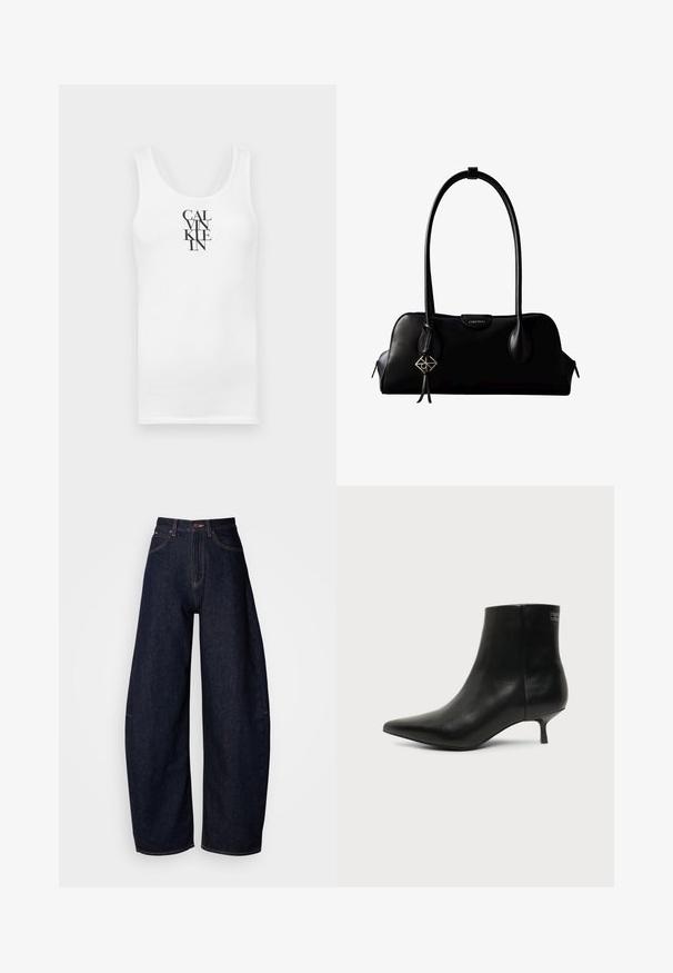 Hvid tanktop med rund udskæring, lavet af bomuld. Har vertikal sort tekst "CALVINKLEIN" i en fed serif skrifttype.; Mørkeblå brede jeans i denim, med høj talje, lige pasform, fem lomme-design og kontrastsyninger.; Sort læder ankelstøvle med spids tå og lav kitten hæl på lys baggrund, der viser yderside.; Sort lædertaske fra Calvin Klein med lange håndtag, en forside-logo-tag og en sølv geometrisk vedhæng, der hænger fra det ene håndtag.