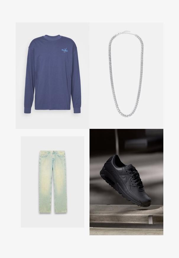 Dlhý rukáv, tmavomodré tričko s dlhým rukávom vyrobené z bavlny, s malým modrým vyšitým logom "nike" na ľavej hrudi. Okrouhly výstrih a ribbované manžety.; Svetlomodré džínsy s voľným strihom, ktoré majú päť vreciek, zips na prednej strane a vybledlý vzhľad na stehnách a kolenách.; Čierne tenisky Nike Air Max s textúrovaným koženým zvrškom, gumovou podrážkou a výrazným šnurovacím systémom, ktoré predvádzajú štýlový, moderný dizajn.; Strieborný kovový náhrdelník zretiazky s prepojenými článkami, hladkým povrchom a nastaviteľným zapínaním pre prispôsobenie dĺžky.