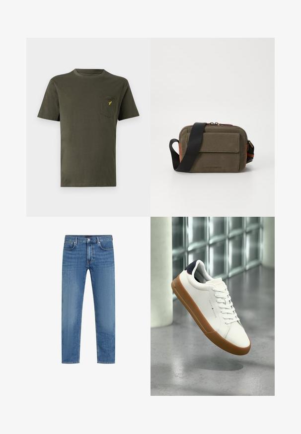 T-shirt en coton vert olive avec un col rond, des manches courtes et une poche sur la poitrine gauche ornée d'un petit logo jaune. Texture lisse.; Jean en denim droit bleu avec cinq poches, fermeture à bouton et glissière, et un léger délavage sur les cuisses.; Baskets blanches basses avec semelle marron et languette de talon noire, flottant au-dessus d'un sol gris dans un environnement intérieur moderne.; Sac bandoulière en toile vert olive avec une poche avant, des accents marron, une sangle noire, et une fermeture éclair. Présente le logo sur le devant.