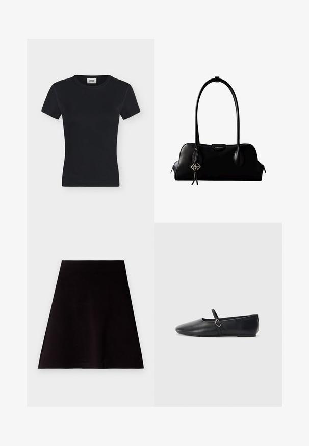 Camiseta negra de punto acanalado de manga corta con cuello redondo y etiqueta de marca cosida en el interior del cuello, mostrada sobre un fondo liso gris claro.; Falda mini negra en corte A, fabricada en un tejido suave con un diseño limpio y sencillo. Presenta un dobladillo recto y sin patrones ni adornos visibles.; Bailarinas de cuero negro con punta afilada, suela plana y una pequeña correa con detalle de hebilla plateada.; Bolso de mano negro de cuero Calvin Klein con asas largas, una etiqueta con el logo frontal y un colgante geométrico plateado que cuelga de una de las asas.