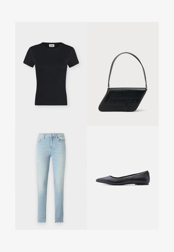Camiseta negra de punto acanalado de manga corta con cuello redondo y etiqueta de marca cosida en el interior del cuello, mostrada sobre un fondo liso gris claro.; Jeans skinny de color azul claro con un lavado envejecido, diseño de cinco bolsillos, cierre de cremallera y botón, y ligero estiramiento para mayor comodidad.; Zapato plano de cuero negro con punta puntiaguda y tacón bajo, mostrado de perfil contra un fondo blanco.; Bolso de hombro de cuero negro con forma triangular, logo en relieve y una sola correa ajustable. Diseño minimalista con textura suave.