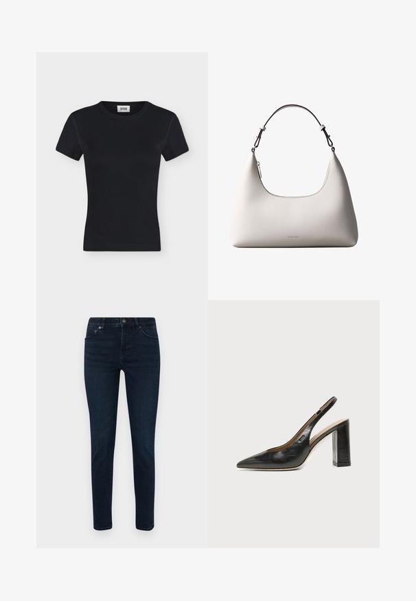 Camiseta negra de punto acanalado de manga corta con cuello redondo y etiqueta de marca cosida en el interior del cuello, mostrada sobre un fondo liso gris claro.; Jeans de mezclilla de lavado oscuro con un ajuste slim, que cuentan con un diseño de cinco bolsillos, cierre de botón y detalles de costura sutiles. Textura suave en toda la prenda.; Zapato slingback negro de cuero con punta afilada, tacón cuadrado y un pequeño logo en el lateral, sobre un fondo blanco liso.; Bolso de hombro de cuero color crema de Calvin Klein con borde superior curvado, cremallera plateada y correa ajustable marrón oscuro.