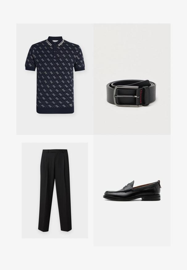 Tricou polo bleumarin cu mâneci scurte, cu model alb în formă de diamant și o mică emblemă cu logo-ul „GUESS” aproape de tiv.; Pantaloni negri croiți cu picioare drepte, pliuri în talie, curele pentru centură și buzunare laterale cu tăieturi, expuși pe un fundal simplu.; Mocasini bărbați din piele neagră cu cusături tip moc toe, curea penny, guler texturat și toc jos stratificat pe fundal alb.; Curea neagră din piele cu cataramă argintie și detaliu de cusături roșii, rulat pe un fundal simplu, deschis.