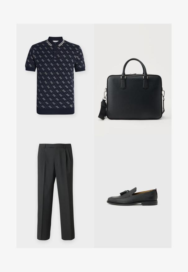 Polo bleu marine à manches courtes avec motif losange blanc et petite écusson logo "GUESS" près de l'ourlet.; Pantalon noir en tissu lisse, avec une coupe droite, un devant plissé et une taille standard avec passants pour ceinture.; Mocassin pour homme en cuir noir avec pompons, bout arrondi, petit talon et languette à l'arrière, présenté de profil sur un fond gris clair.; Portefeuille en cuir noir texturé avec deux poignées et une bandoulière détachable, doté d'une fermeture éclair argentée et de ferrures métalliques.