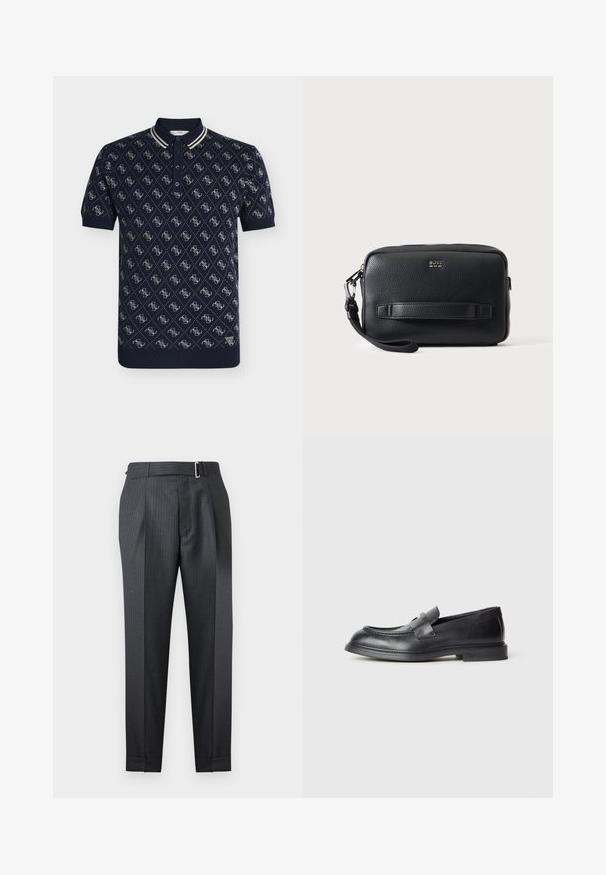 Polo bleu marine à manches courtes avec motif losange blanc et petite écusson logo "GUESS" près de l'ourlet.; Pantalon sur mesure gris foncé à fines rayures à chevrons avec boucle d'ajustement latérale et plis avant sur fond blanc.; Mocassins en cuir noir avec une finition texturée, dotés d'une bride décorative à l'avant et d'un bout arrondi. Semelle en caoutchouc pour plus de durabilité.; Petit sac bracelet en cuir noir texturé avec fermeture éclair, bande horizontale sur le devant, petit logo argenté "BOSS" et bracelet détachable sur le côté gauche.