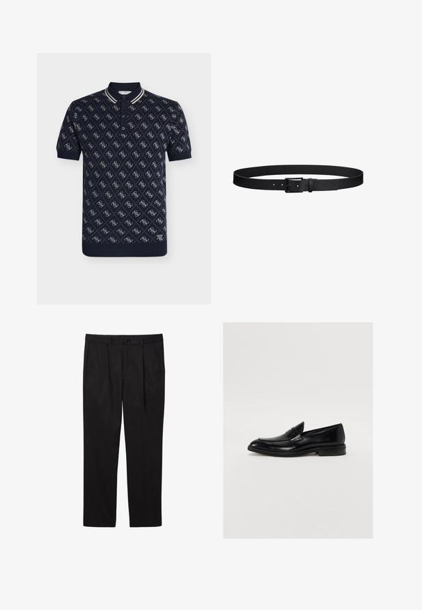 Polo bleu marine à manches courtes avec motif losange blanc et petite écusson logo "GUESS" près de l'ourlet.; Pantalons formels noirs pour hommes avec poches avant, passants pour ceinture, fermeture par bouton et coupe droite.; Mocassin en cuir noir avec une pointe arrondie, des coutures discrètes et une finition lisse. Doté d'un talon bas empilé et d'une sangle sur le cou-de-pied.; Ceinture en cuir noir avec motif texturé, boucle en métal noir et plusieurs trous d'ajustement, posée à plat sur un fond blanc.