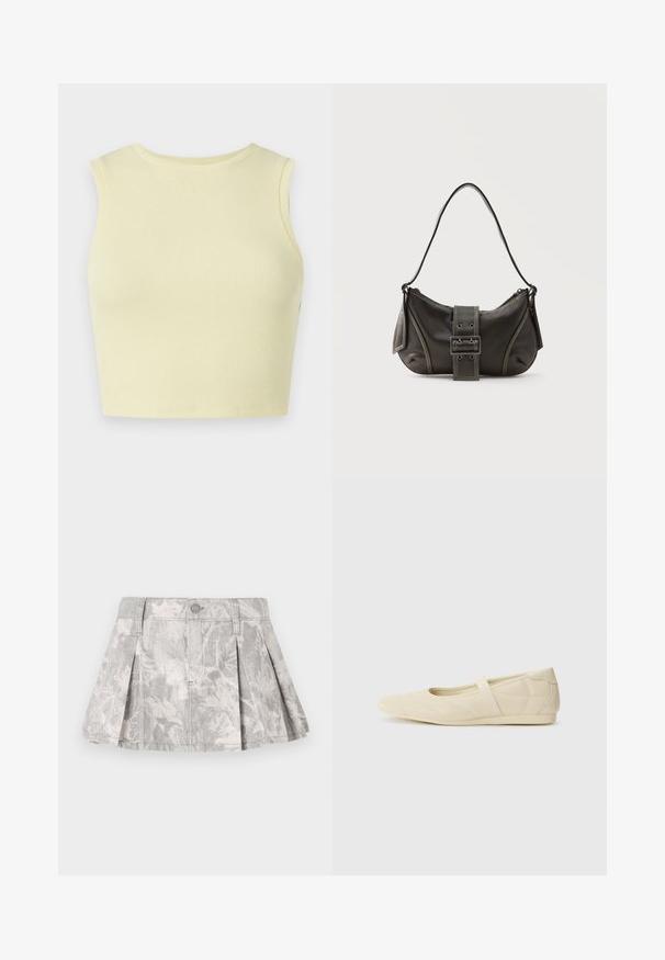 Φωτεινό κίτρινο ριγωτό cropped top με στρογγυλή λαιμόκοψη, χωρίς μανίκια και εφαρμοστή σχεδίαση. Λείος υφασμάτινος συνδυασμός από αναπνέον πλεκτό ύφασμα.; Γκρι τζιν φούστα με πιέτες, που διαθέτει ένα διακριτικό σχέδιο φύλλων σε ελαφρύτερες αποχρώσεις. Κλασική γραμμή με ζώνη και κλείσιμο από μεταλλικό κουμπί.; Μπεζ μπαλαρίνες με λείο δέρμα εξωτερικά, αμυγδαλωτό τελείωμα, και ελαστική λωρίδα που διασχίζει το επάνω μέρος του ποδιού, με διακριτές ραφές.; Μαύρη δερμάτινη τσάντα ώμου με λεπτομέρεια ιμάντα με πόρπη, καμπυλωτές άκρες και αντίθετη λευκή ραφή σε απλό φόντο.
