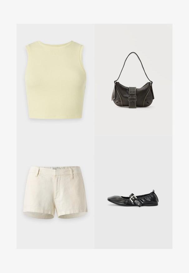 Crop top côtelé jaune clair avec un col rond, sans manches, et une coupe ajustée. Texture lisse avec un tissu en maille respirant.; Shorts beige clair en lin. Dotés d'une taille plate, de poches avant et d'un ourlet net. Design simple et minimal.; Chaussure plate en cuir noir avec un nez pointu, des détails froncés autour de l'ouverture et un accent en boucle argentée sur la bride ajustable.; Sac à épaule en cuir noir avec une sangle à boucle, des bords arrondis et des coutures blanches contrastées sur un fond uni.