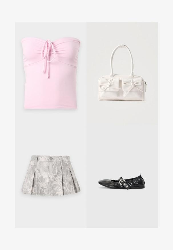 Hollister Co. TIE FRONT TUBE - Top - light pink; Grijze denim rok met plooien, voorzien van een subtiel bladerenpatroon in lichtere tinten. Klassieke snit met een tailleband en sluiting met metalen knoop.; Zwarte leren platte schoen met een spitse neus, geplooide details rond de opening en een zilveren gespaccentueerde verstelbare band.; Witte synthetische handtas met twee voorzakken, elk voorzien van een gebonden strikdetail. Soepele textuur, afgeronde handgrepen en een ritssluiting.