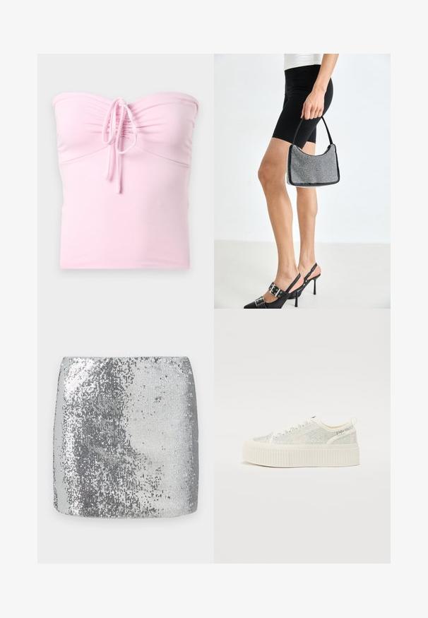 Hollister Co. TIE FRONT TUBE - Top - light pink; Mini falda plateada con lentejuelas que presenta un diseño ajustado y una textura suave, reflejando la luz en su superficie para una apariencia brillante.; Zapatillas de plataforma blancas con una parte superior texturizada que presenta acentos iridiscentes y una suela gruesa de canalé. Cierre de cordones y una cinta de tirar en la parte posterior.; Bolso de cuentas negras con una silueta curva, asa de transporte y textura brillante. Llevado con zapatos de tacón altos negros y pantalones cortos negros ajustados.