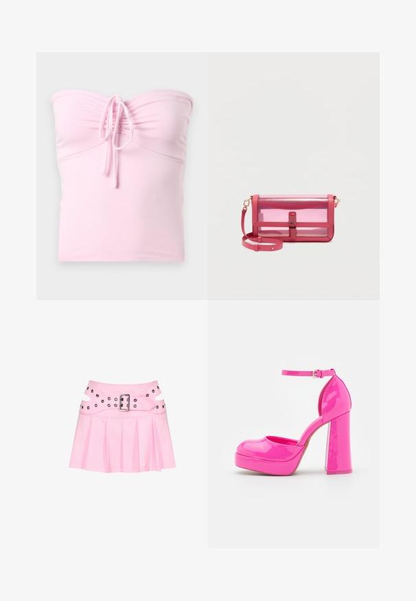 Hollister Co. TIE FRONT TUBE - Top - light pink; Ružová plisovaná mini sukňa so širokým dvojvrstvovým pásom, striebornou prackou a viacerými očkami na zapínanie a ozdobu.; Call it Spring ANABELLE - Obuv na platformovom opätku - dark pink; Ružová priehľadná obdĺžniková kabelka cez rameno s preklápacím uzáverom a nastaviteľným popruhom na jednoduchom svetlom pozadí.