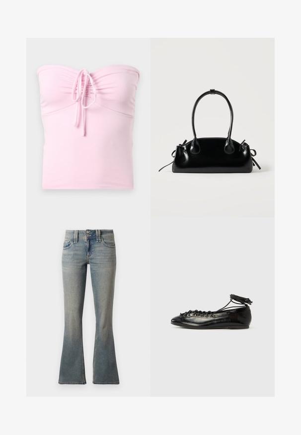 Hollister Co. TIE FRONT TUBE - Top - light pink; Vaqueros acampanados de color azul claro hechos de denim. Cuenta con dos bolsillos frontales, un cierre de botón y un sutil desvanecimiento en la tela.; Zapatos planos tipo ballet de charol negro con punta redondeada, diseño con cordones y suela plana. Textura lisa con detalles mínimos.; Pequeño bolso negro brillante con dos asas largas y detalles de cordón lateral sobre un fondo claro liso.