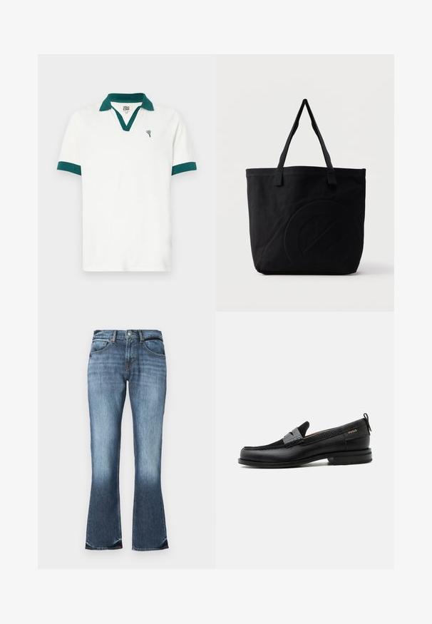 Weißes Polo-Shirt mit einem türkisen Kragen und Akzenten an den Ärmeln, versehen mit einem kleinen herzförmigen Logo. Hergestellt aus einem glatten Stoff mit einem klassischen Schnitt.; Blaue Jeans mit Schlag, mittelhoher Taille, fünf Taschen und subtilen Ausbleichungen für einen used Look. Glatte Textur über das gesamte Material.; Schwarzer Lederloafer mit grauem Riemendetail, niedrigem Absatz und strukturierter Sohle, seitlich mit „HUGO“ in Gold gebrandmarkt.; Schwarze Canvas-Shopper-Tasche mit zwei Schulterriemen und einem dezenten, eingeprägten kreisförmigen Design auf der Vorderseite.