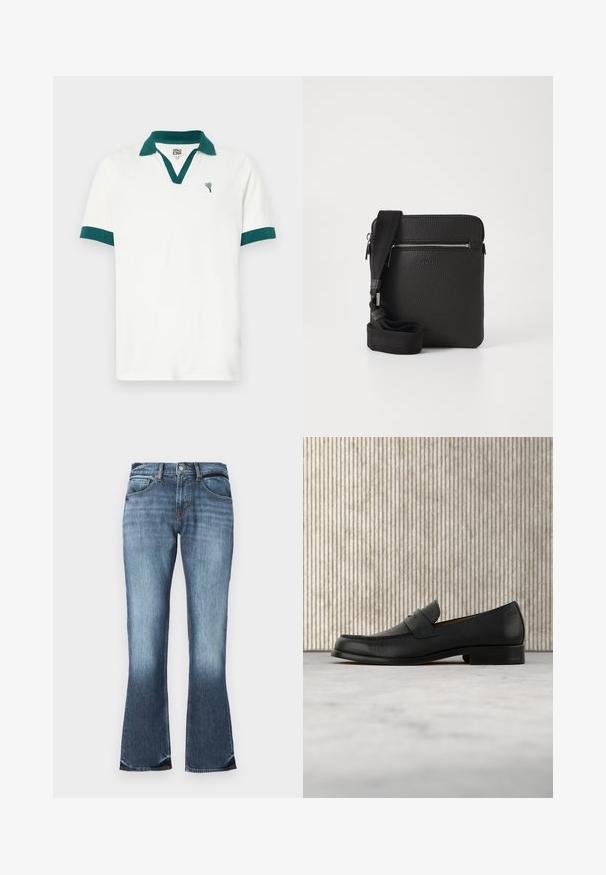 Weißes Polo-Shirt mit einem türkisen Kragen und Akzenten an den Ärmeln, versehen mit einem kleinen herzförmigen Logo. Hergestellt aus einem glatten Stoff mit einem klassischen Schnitt.; Blaue Jeans mit Schlag, mittelhoher Taille, fünf Taschen und subtilen Ausbleichungen für einen used Look. Glatte Textur über das gesamte Material.; Schwarzer Leder-Slipper schwebt über einem beigen Teppich, im Hintergrund ein glänzender, runder brauner Tisch.; Schwarze Leder-Umhängetasche mit strukturierten Oberflächen, einem Reißverschluss-Frontfach und einem verstellbaren Stoffgurt. Einfaches quadratisches Design.