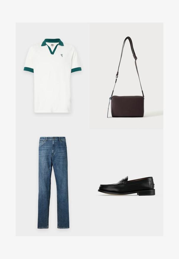 Weißes Polo-Shirt mit einem türkisen Kragen und Akzenten an den Ärmeln, versehen mit einem kleinen herzförmigen Logo. Hergestellt aus einem glatten Stoff mit einem klassischen Schnitt.; Dunkelblaue Denim-Jeans, gerades Bein-Design, Fünf-Taschen-Stil, sichtbare Nähte und ein klassischer Knopfverschluss. Leichter Waschungseffekt auf dem Stoff.; Schwarzer Leder-Herrenschuh (Loafer) mit niedrigem Absatz und Mokassin-artiger Naht am Zehenbereich, seitlich auf einfarbigem Hintergrund dargestellt.; Dunkelbraune, strukturierte Leder-Crossbody-Tasche mit verstellbarem Riemen und kleinem dekorativen blauen Akzent an der Seite.
