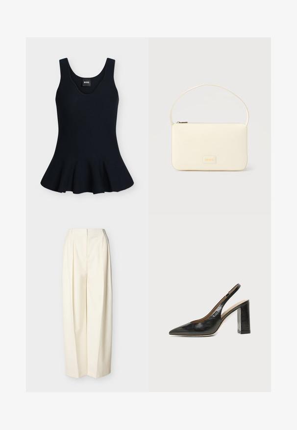 Haut noir sans manches, ajusté, avec un décolleté arrondi et un bas peplum évasé, avec une petite étiquette portant le nom de la marque "BOSS".; Pantalon crème à taille haute et jambes larges avec plis devant, fermeture éclair avant dissimulée et passants pour ceinture.; Chaussure slingback en cuir noir à bout pointu avec un talon bloc haut et une doublure intérieure beige sur un fond clair uni.; Sac à main rectangulaire de couleur crème avec une seule sangle et une fermeture éclair sur le dessus, comportant une petite plaque de logo embossé à l'avant.
